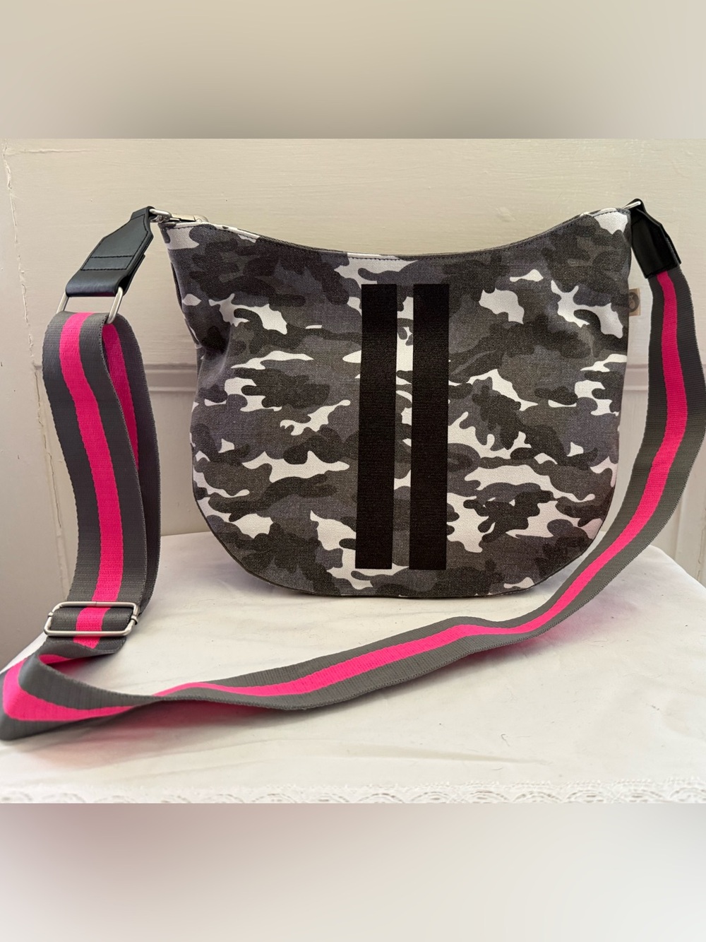 Grey Camouflage Crossbody Bag with Pink Accent Strap
